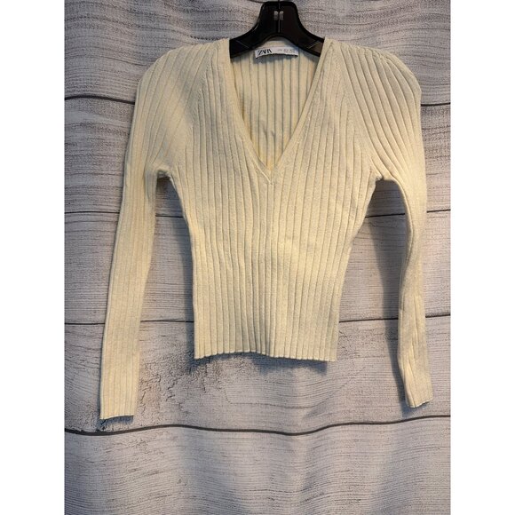 Zara Cream Ribbed V-Neck Long Sleeve Knit Sweater Size M - Picture 1 of 3